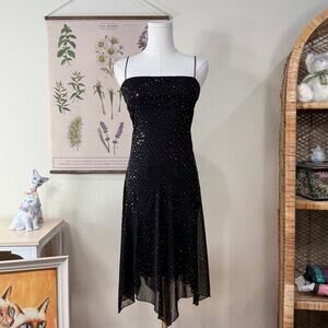 Vtg Y2k Black Mesh Sequin Asymmetric Fairy Hem Babydoll Dress McBling Party XS S